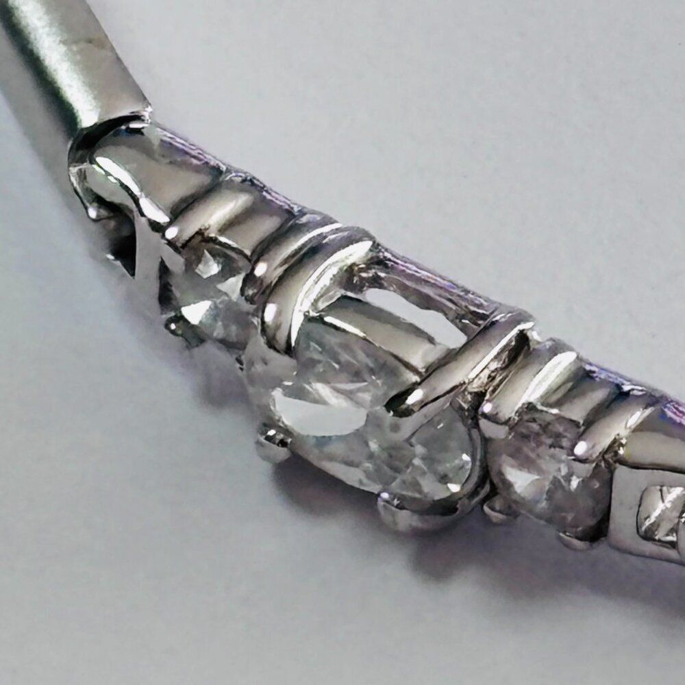 Silver Tone Oval & Round CZ Link Bracelet 7” Box Clasp Sparkle - Picture 11 of 13